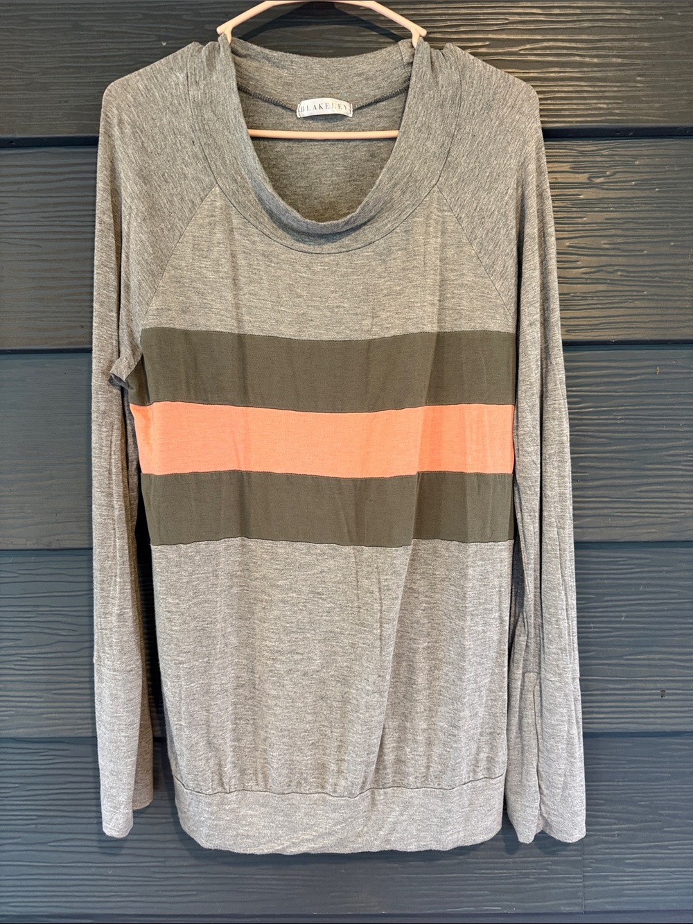 Blank NYC Gray Cowl-Neck Sweater with Olive and Coral Stripes
